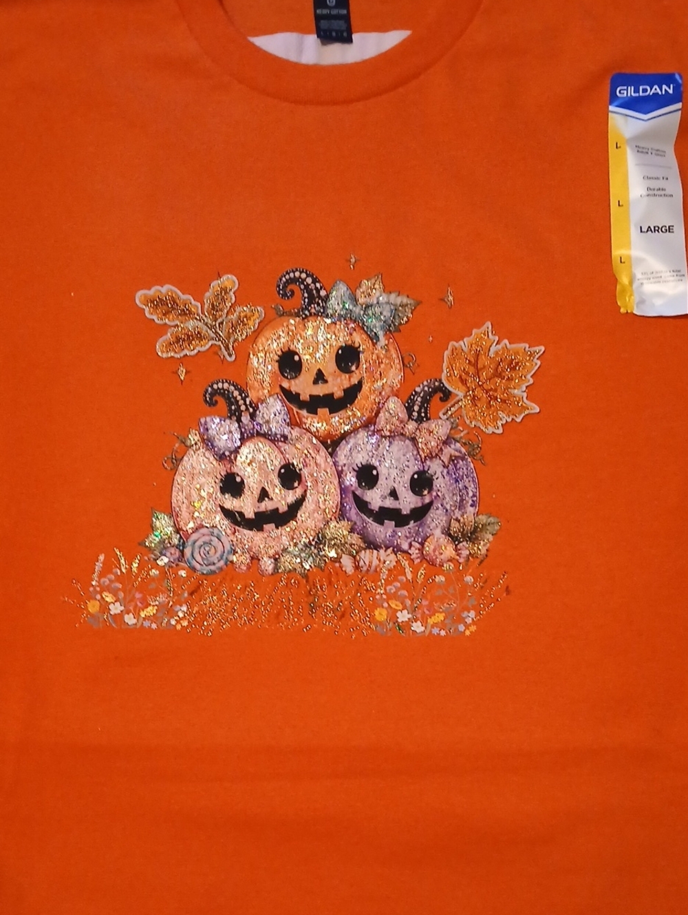 Gildan Orange Glitter Pumpkin Trio Halloween Tee